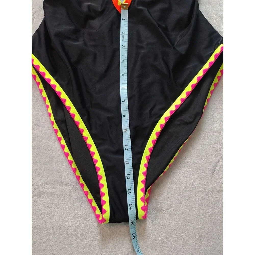 Popvil Black One Piece Tie Back Swimsuit with Multicolored Neon Trim Size XL New
